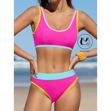 CUPSHE Women's Bikini Sets Two Piece Swimsuit Scoop Neck Crisscross Self Tie Color Block Mid Rise Reversible Top,M
