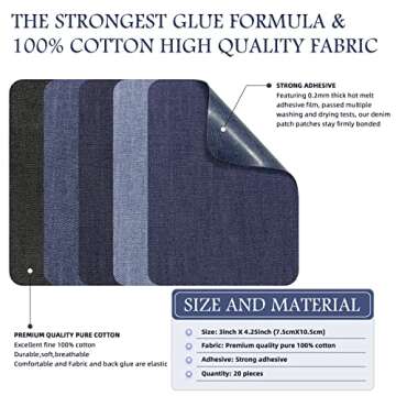 KING MOUNTAIN Iron-on Repair Patch 20 Pcs Pack,Denim Patches for Jeans Kit 3" by 4-1/4",100% Cotton ...