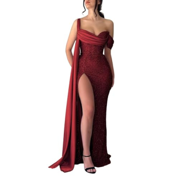 Satin Mermaid Prom Dresses 2024 Long Sweetheart Off Shoulder Sequin Slit Formal Party Dresses for Ev...