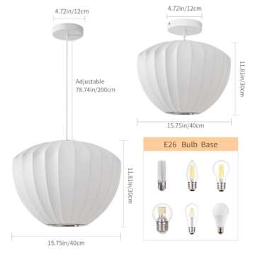 COMSDY 15.7 Inch Large White Silk Pendant Light, Single Hanging Lamp, Coastal Style Chandelier for Kitchen, Dining Room, Living Room, Bedroom, Hall, Cafe