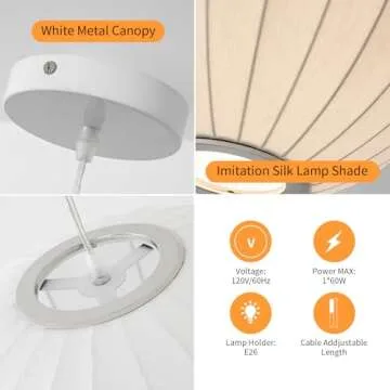 COMSDY 15.7 Inch Large White Silk Pendant Light, Single Hanging Lamp, Coastal Style Chandelier for Kitchen, Dining Room, Living Room, Bedroom, Hall, Cafe