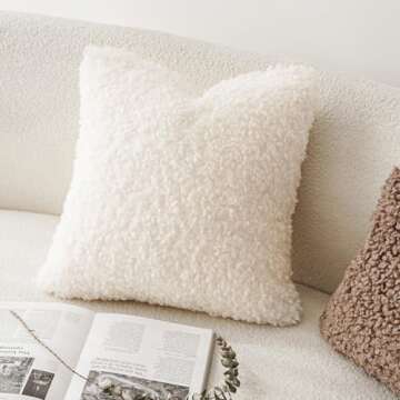 Foindtower 2 Pieces 20x20 Inch White, Faux Fur Throw Pillow Cover Accent Sherpa Pillow Fuzzy Soft Pillowcases Sheepskin Decorative Fleece Cushion Case for Bed Couch Living Room