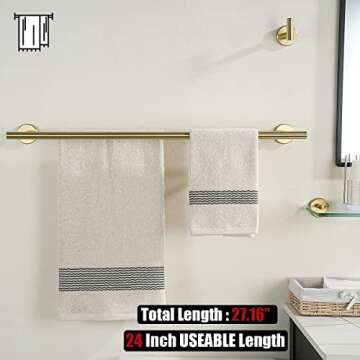 JQK Double Towel Bar, 24 Inch Brass Gold Bath Towel Rack for Bathroom, 304 Stainless Steel Thicken 0.8mm Towel Holder Wall Mount Brushed Gold, Total Length 27.16 Inch, TB100L24-BG