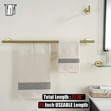 JQK Double Towel Bar, 24 Inch Brass Gold Bath Towel Rack for Bathroom, 304 Stainless Steel Thicken 0.8mm Towel Holder Wall Mount Brushed Gold, Total Length 27.16 Inch, TB100L24-BG