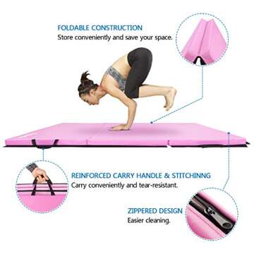 Matladin 6' Folding Tri-fold Gymnastics Gym Exercise Aerobics Mat, 6ft x 4ft x 2in PU Leather Tumbling Mats for Stretching Yoga Cheerleading Martial Arts (Pink)