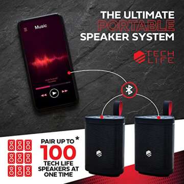 Tech-Life Boss- Premium Portable Bluetooth Speaker - Waterproof Outdoor Party Speaker w/Amazing Sound, Heavy Bass, No Distortion, 12hr Batt- Pair 100 Together for The Ultimate Portable Speaker System