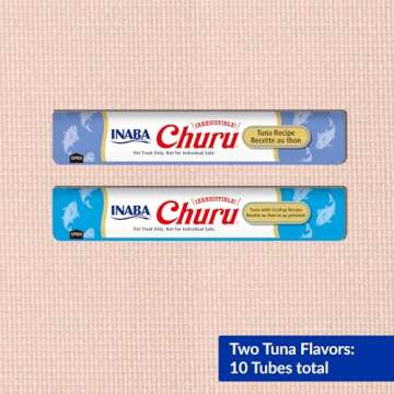INABA Churu Cat Treats, Grain-Free, Lickable, Squeezable Creamy Purée Cat Treat/Topper with Vitamin E & Taurine, 0.5 Ounces Each Tube, 10 Tubes Total/Two Flavors, Tuna Variety