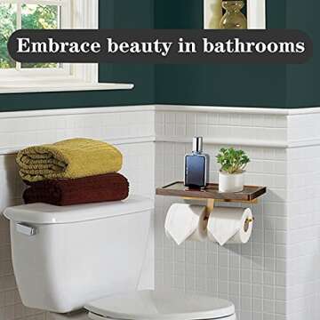 Toilet Paper Holder with Shelf, Amoowis Wall Mount Double Roll Gold Holders with Solid Wood Shelf,Toilet Paper Storage for Bathroom and Washroom