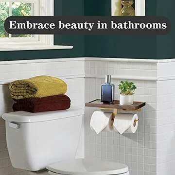 Toilet Paper Holder with Shelf, Amoowis Wall Mount Double Roll Gold Holders with Solid Wood Shelf,Toilet Paper Storage for Bathroom and Washroom