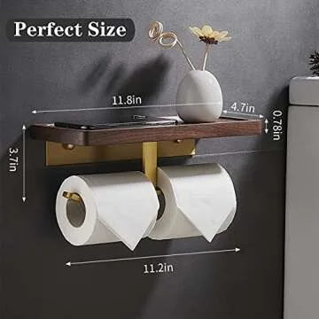 Toilet Paper Holder with Shelf, Amoowis Wall Mount Double Roll Gold Holders with Solid Wood Shelf,Toilet Paper Storage for Bathroom and Washroom