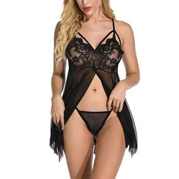 Giorzio Women Lingerie Lace Babydoll V Neck Sleepwear Strap Chemise Black, M