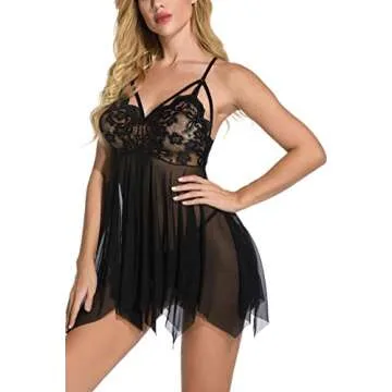 Giorzio Women Lingerie Lace Babydoll V Neck Sleepwear Strap Chemise Black, M