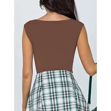 REORIA Women's Summer Sexy Casual V Neck Double Lined Seamless Sleeveless Slimming One Piece Leotards Going Out Trendy Tank Top Tees Thong Bodysuits Coffee Small