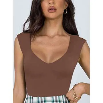 REORIA Women's Summer Sexy Casual V Neck Double Lined Seamless Sleeveless Slimming One Piece Leotards Going Out Trendy Tank Top Tees Thong Bodysuits Coffee Small