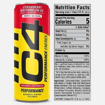 Cellucor C4 Performance Energy Drink | Zero Sugar Carbonated Preworkout Energy | 150mg Caffeine with Beta Alanine | Strawberry Watermelon Ice | 12 Fl Oz (12 Pack)