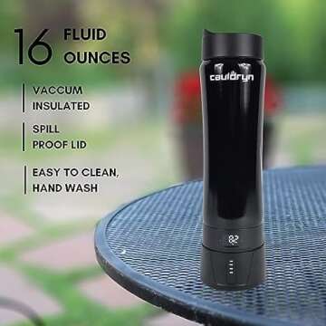 Cauldryn Coffee Temperature Control Travel Coffee Mug and Desktop Warmer, Long Lasting Battery Powered Heated Portable Smart Mug, Stainless Steel, 16 oz, Black