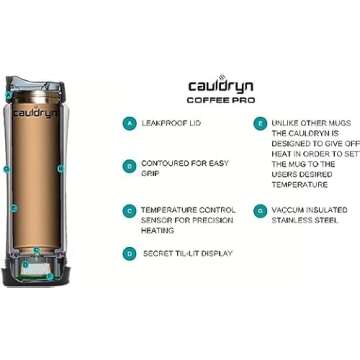 Cauldryn Coffee Temperature Control Travel Coffee Mug and Desktop Warmer, Long Lasting Battery Powered Heated Portable Smart Mug, Stainless Steel, 16 oz, Black