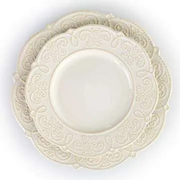 Elama Round Decorated Stoneware Scallop Embossed Dinnerware Dish Set, 16 Piece, Luna