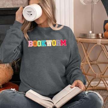 MNLYBABY Book Sweatshirt Women Oversized Embroidered Bookworm Sweatshirts Bookish Reading Sweater Book Lover Gift Tops Grey