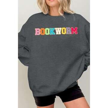 MNLYBABY Book Sweatshirt Women Oversized Embroidered Bookworm Sweatshirts Bookish Reading Sweater Book Lover Gift Tops Grey