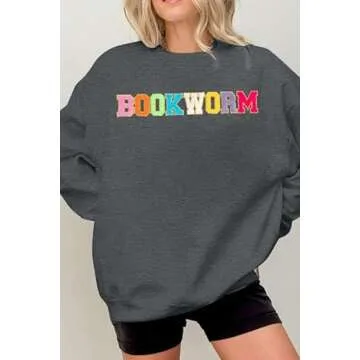 MNLYBABY Book Sweatshirt Women Oversized Embroidered Bookworm Sweatshirts Bookish Reading Sweater Book Lover Gift Tops Grey