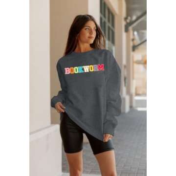 MNLYBABY Book Sweatshirt Women Oversized Embroidered Bookworm Sweatshirts Bookish Reading Sweater Book Lover Gift Tops Grey