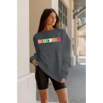 MNLYBABY Book Sweatshirt Women Oversized Embroidered Bookworm Sweatshirts Bookish Reading Sweater Book Lover Gift Tops Grey