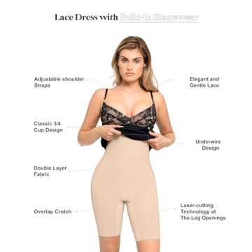 Popilush Lace Midi Dress Shapewear Dresses for Women V-Neck Slip Adjustable Straps Bodycon Slip with Underwire Black