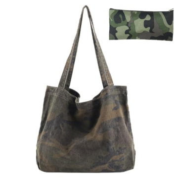 Stylish Vintage Camo Canvas Tote Bag with Pouch for Women - Durable & Fashionable