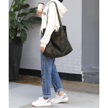 Vintage Camo Canvas Tote Bag with Pouch for Women