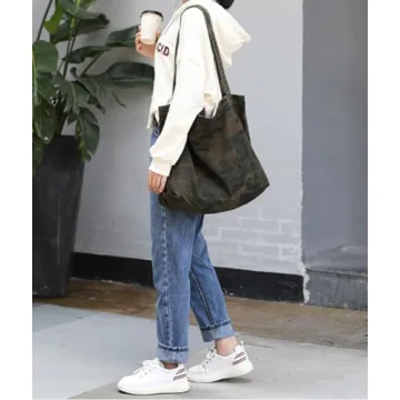 Vintage Camo Canvas Tote Bag with Pouch for Women