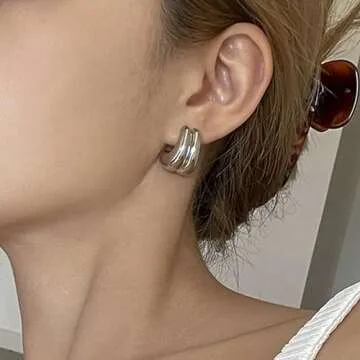 ACC PLANET Silver Chunky Hoop Earrings for Women, Silver Plated Thick Hoop Earrings Sterling Silver Post Lightweight Silver Hoop Earrings Jewelry Gifts