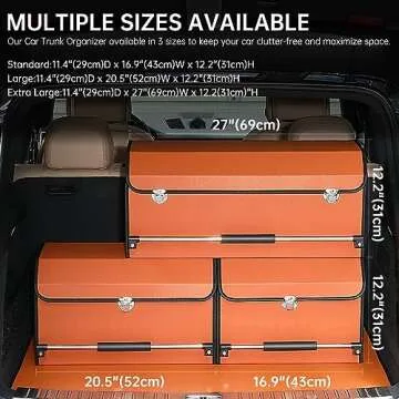 XCF Car Trunk Organizer for SUV, Collapsible Leather Car Storage Trunk Organizer with Lid and Sturdy Handle, Collapsible Adjustable Compartment Storage Box for Men/Women (11.4 x 27 x 12.2, Orange)