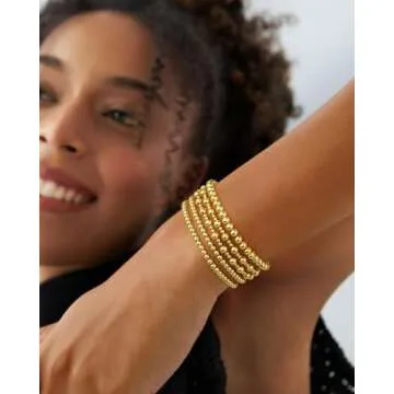Howoo Gold Bracelets for Women - 18K Stretch Gold Beaded Stackable Jewelry for Trendy Style