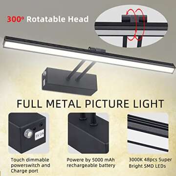 FUNCHDAY Picture Light, Remote Control Art Light with Dimmable, Timer Preset Picture Lights for Paintings,16" Full Metal Display Light for Wall,Gallery,Artwork,Portrait,Dartboard (Black)