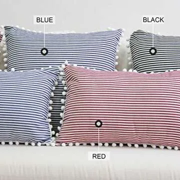 JOJUSIS Farmhouse Ticking Stripe Throw Pillow Covers with Pom-poms Red and White Outdoor Decorative Couch Pillowcases Cushion Covers Set of 2 20 x 20 Inch