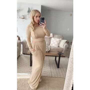 MEALMATO Women's 2 Piece Lounge Sets Wide Leg Pants Set Long Sleeve Crop T-shirt Casual Outfits Comfy Loungewear