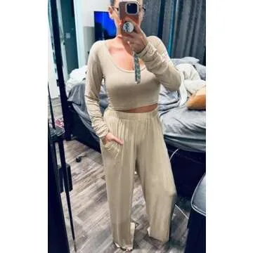 MEALMATO Women's 2 Piece Lounge Sets Wide Leg Pants Set Long Sleeve Crop T-shirt Casual Outfits Comfy Loungewear