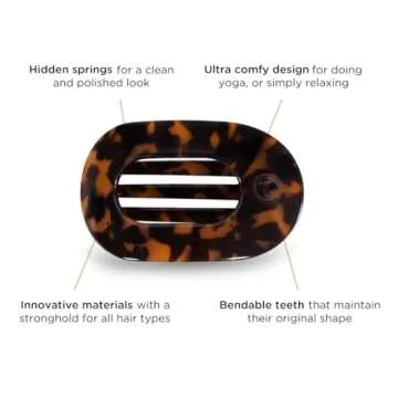TELETIES - Small Flat Round Clip - Strong Grip, Bendable Teeth, Comfortable Curved Design - For Lying Down, Yoga, Driving & More - Ideal for Thin-Medium Hair - For All Hair Textures - Tortoise