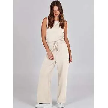 ANRABESS Womens Jumpsuits 2025 Casual Summer Dressy Romper Sleeveless Wide Leg Long Pants Outfits Fashion Travel Clothes Beige Large