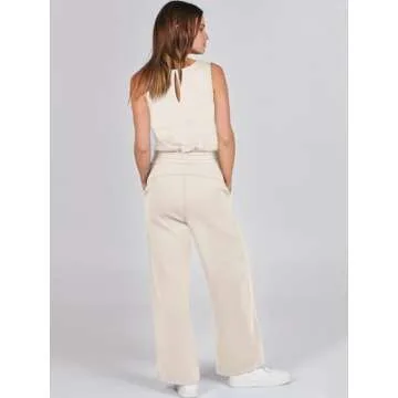 ANRABESS Womens Jumpsuits 2025 Casual Summer Dressy Romper Sleeveless Wide Leg Long Pants Outfits Fashion Travel Clothes Beige Large