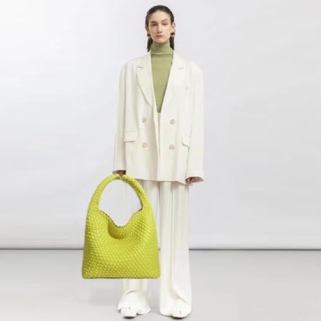 Chic Vegan Leather Hand-Woven Tote Handbag Lemon Yellow