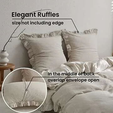 King Linens 100% French Linen Euro Shams with Ruffles - Set of 2 - Washed Solid Color Natural Flax S...