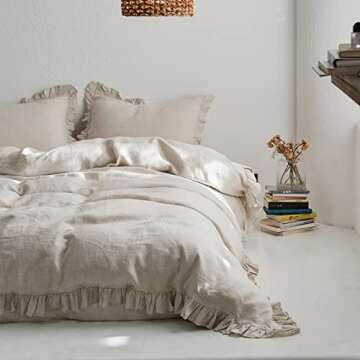 King Linens 100% French Linen Euro Shams with Ruffles - Set of 2 - Washed Solid Color Natural Flax Soft Breathable Pillow Covers - Linen, 26'' x 26''