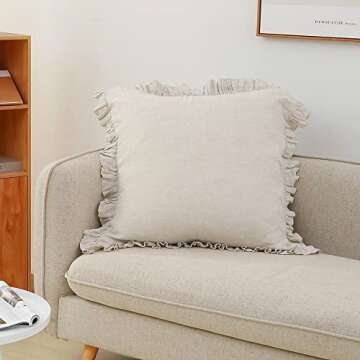 King Linens 100% French Linen Euro Shams with Ruffles - Set of 2 - Washed Solid Color Natural Flax Soft Breathable Pillow Covers - Linen, 26'' x 26''