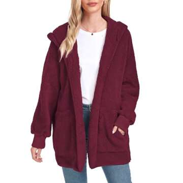 CHICGAL Womens Fuzzy Jacket Hooded Cardigan Open Front Sherpa Coat Outwear with Pockets