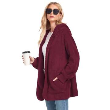 CHICGAL Womens Fuzzy Jacket Hooded Cardigan Open Front Sherpa Coat Outwear with Pockets