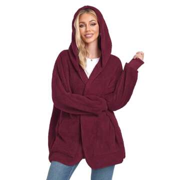 CHICGAL Womens Fuzzy Jacket Hooded Cardigan Open Front Sherpa Coat Outwear with Pockets