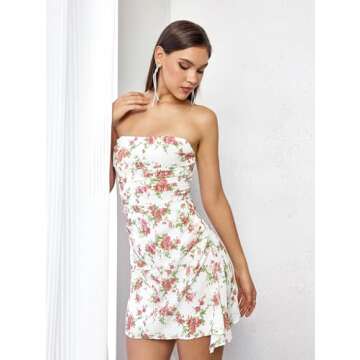 Parthea Womens Floral Dress Y2K Strapless Dresses Going Out Sexy Mini Dress for Cocktail Clubwear Pa...