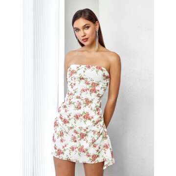Parthea Womens Floral Dress Y2K Strapless Dresses Going Out Sexy Mini Dress for Cocktail Clubwear Party Rose